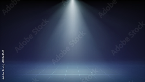Spotlight blue stage background. Minimalist interior studio room illuminated by spotlight, grid floor. Dim backdrop for displaying products presentation, advertising. Showcase. Vector illustration