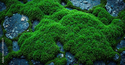 Thick layer of emerald moss covering rough stone surface, wild, foliage photo