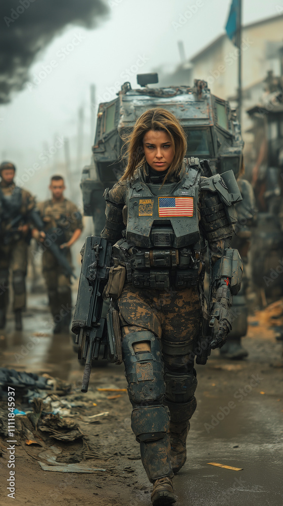 Fototapeta premium Female soldier standing with mech war machine inward zone.
