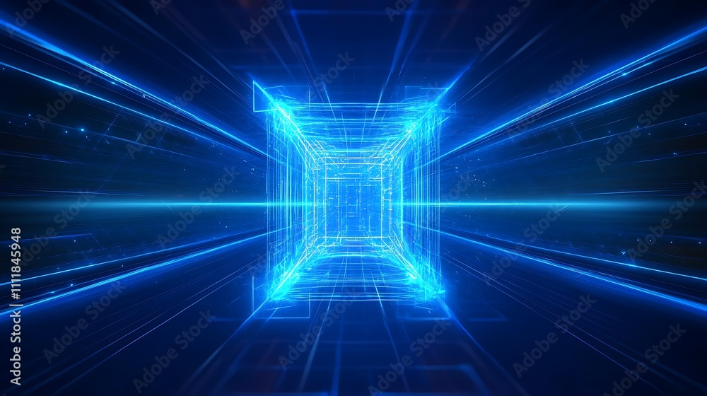 Futuristic Neon Abstract Light Tunnel with Glowing Lines and Cubic Shapes in Digital Space Futuristic Neon Abstract Light Tunnel with Glowing Lines and Cubic Shapes in Digital Space