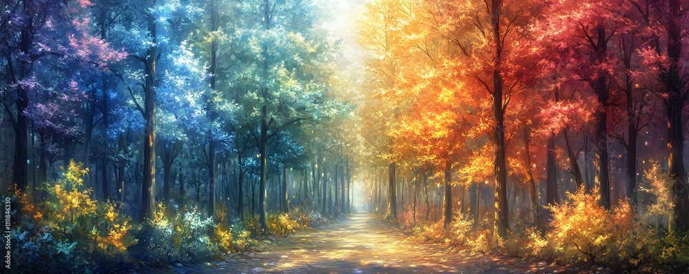 Autumnal & Winter Forest Path, A Digital Painting of a Magical Forest Road, Divided by Seasons, Showcasing Vibrant Colors & Tranquil Atmosphere. Autumnal & Winter Forest Path, A Digital Painting of a Magical Forest Road, Divided by Seasons, Showcasing Vibrant Colors & Tranquil Atmosphere.