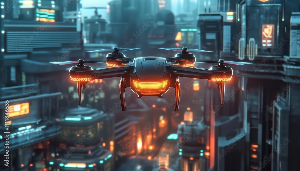 A futuristic drone hovering over a neon-lit cityscape.