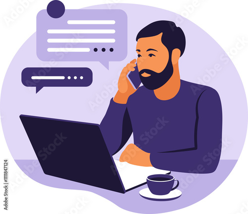 Home office concept, man working from home. Student or freelancer on transparent background. Freelance or studying concept.