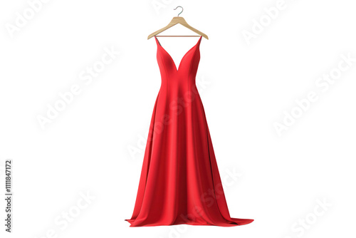 Elegant red dress hanging on a wooden hanger against a green background. PNG transparent.