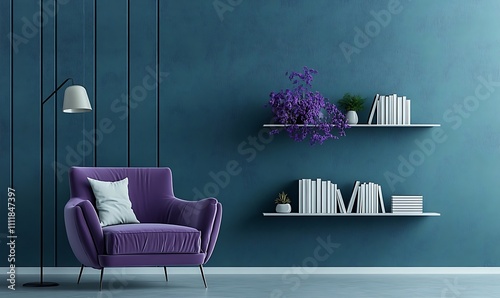 Living room with lounge area. Grey green blue - teal tone walls and very peri or lavender purple color armchair. Modern interior design room home, office or hotel. Minimal style trend, Generative Ai photo