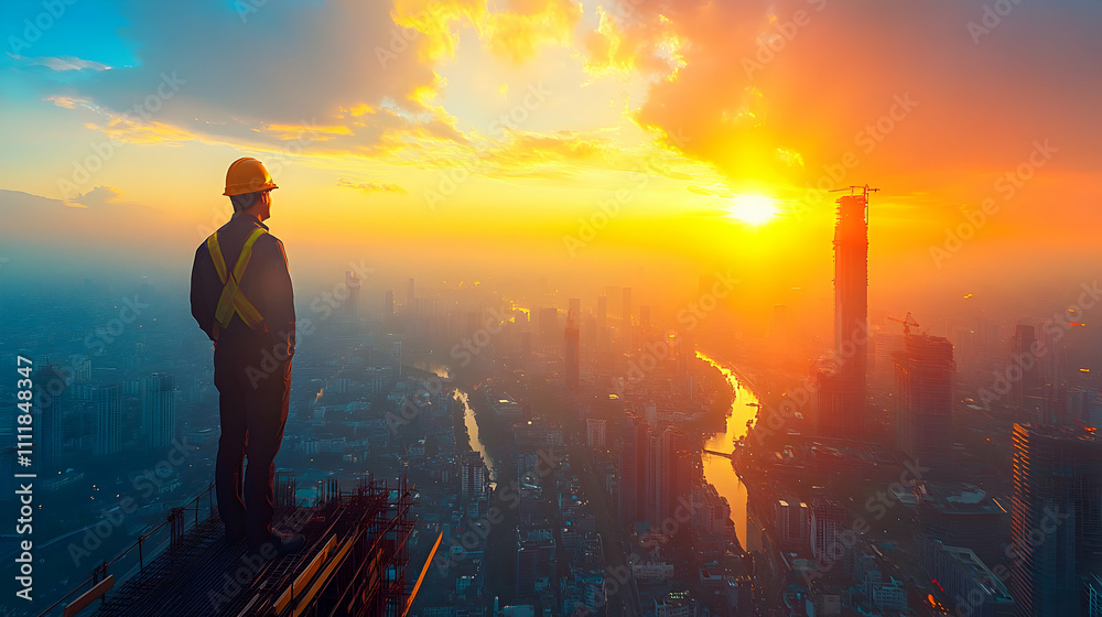 Construction Worker at Sunset Over Cityscape,  A panoramic view of a bustling metropolis