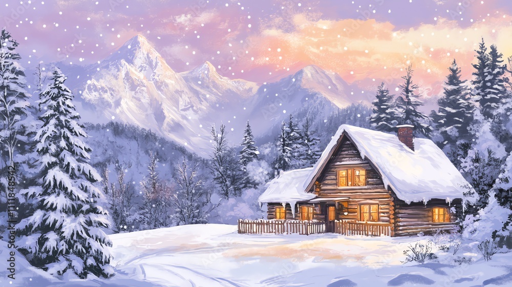 Fototapeta premium A cozy cabin in the snow with mountain backdrop and snowfall.