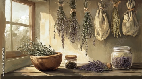 Bundles of dried herbs in rustic kitchen with mortar and jar