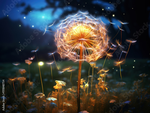 Luxurious illustration of a magical daffodil puff shimmering in the darkness