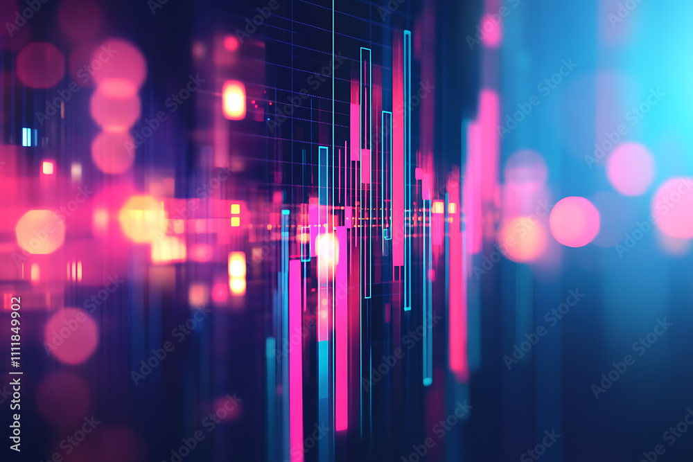 Abstract forex candlestick chart glowing over a blurred cityscape at night, symbolizing big data, trade, and investment in a futuristic financial setting Abstract forex candlestick chart glowing over a blurred cityscape at night, symbolizing big data, trade, and investment in a futuristic financial setting