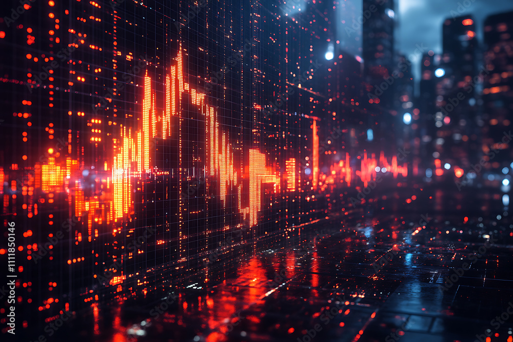 Abstract forex candlestick chart glowing over a blurred cityscape at night, symbolizing big data, trade, and investment in a futuristic financial setting Abstract forex candlestick chart glowing over a blurred cityscape at night, symbolizing big data, trade, and investment in a futuristic financial setting