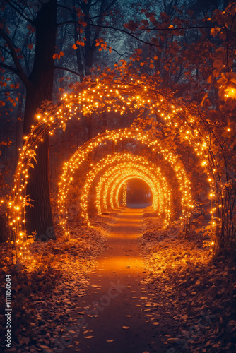 A tunnel of lights in the middle of a forest at night