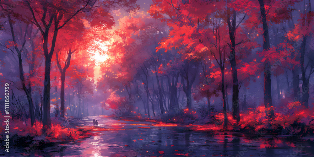 Fototapeta premium Autumnal Forest Path, Lovers Stroll Through a Crimson Canopy at Dusk, Illuminated by Glowing Lights