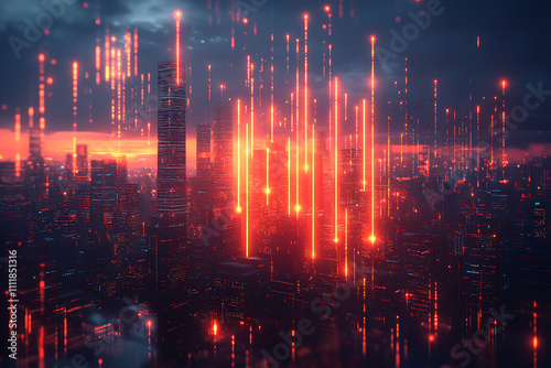 Abstract forex candlestick chart glowing over a blurred cityscape at night, symbolizing big data, trade, and investment in a futuristic financial setting