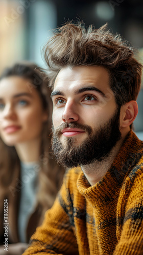 Man with Beard in Mustard Sweater, Woman in Background, Contemplative Pose, Thoughtful Expression, Autumnal Tones