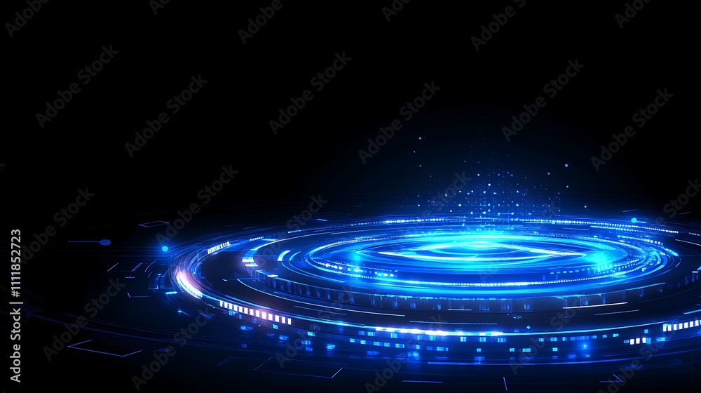 Vibrant Blue Circular Light Pattern with Sparkling Elements on Black Background for Futuristic Concepts Vibrant Blue Circular Light Pattern with Sparkling Elements on Black Background for Futuristic Concepts