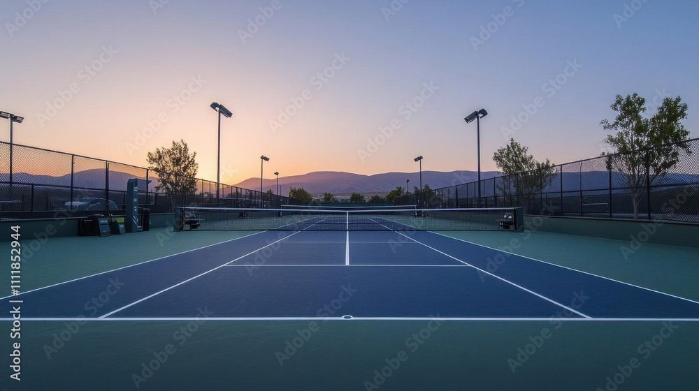 A tranquil tennis court at sunset, ready for play. A tranquil tennis court at sunset, ready for play.