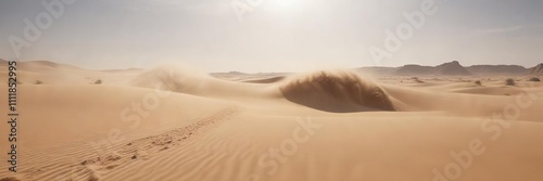 Swirling sand and dust in a desert landscape with low visibility, , gusty winds, low visibility photo