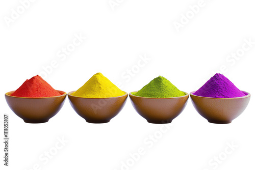 Four bowls filled with vibrant Holi powder in various colors, on a white background. PNG transparent. photo