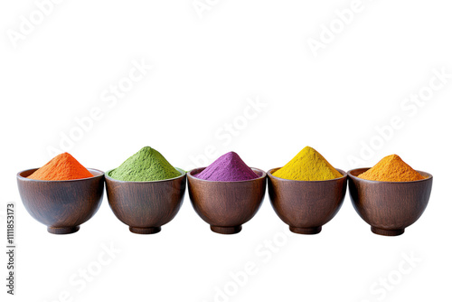 Four bowls filled with vibrant Holi powder in various colors, on a white background. PNG transparent. photo