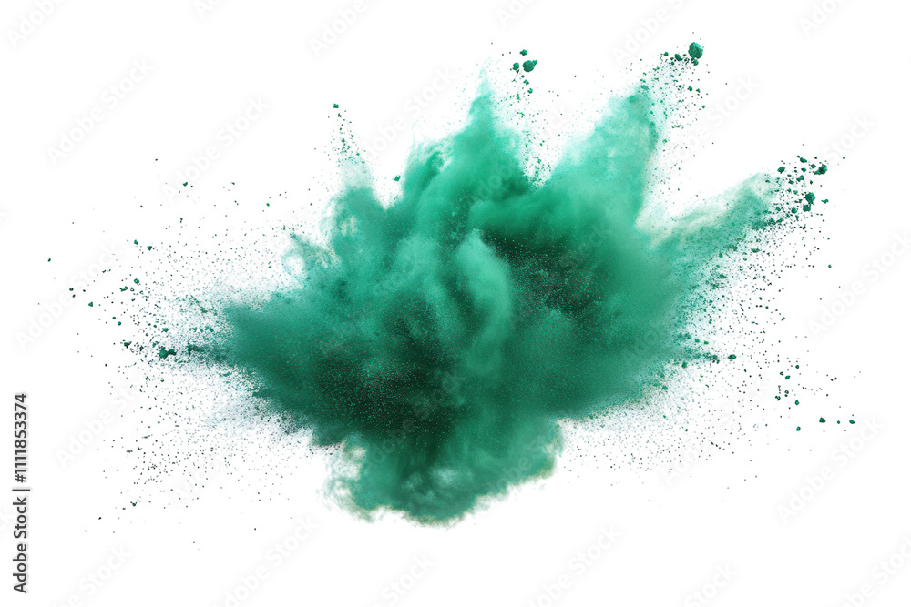 A vibrant green powder explosion on a white background. PNG transparent. A vibrant green powder explosion on a white background. PNG transparent.