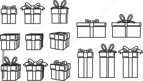 set of gifts presents in different shape in easy clean lines vector drawing on white background