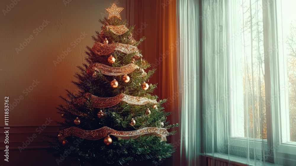 Festive Christmas Tree by Window Gold Ornaments Holiday Decor Winter Season Festive Christmas Tree by Window Gold Ornaments Holiday Decor Winter Season