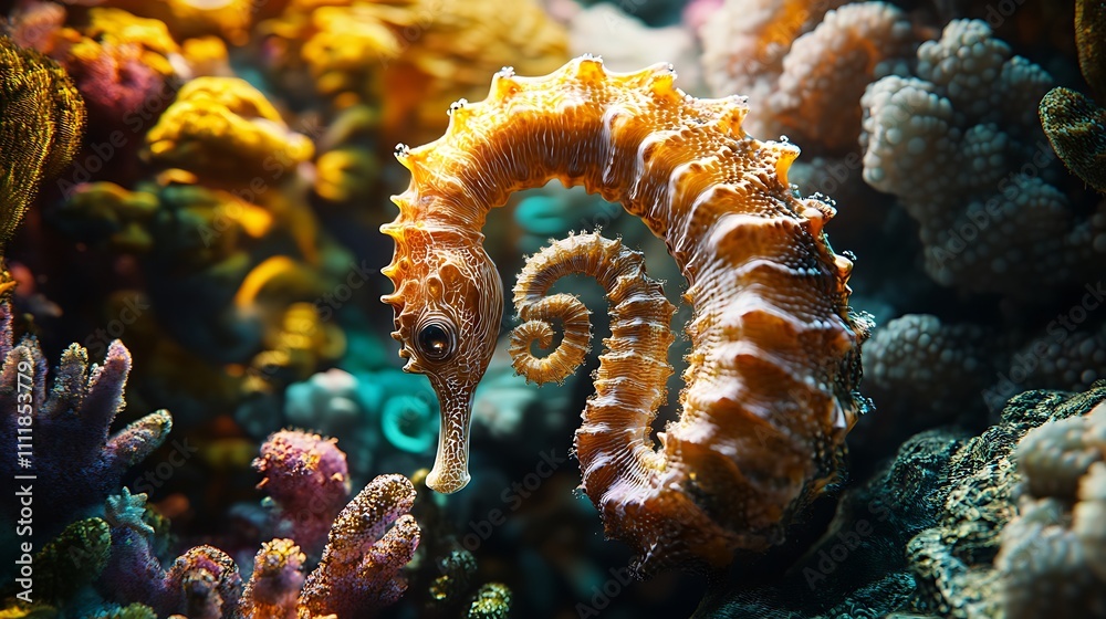 Obraz premium Golden Seahorse Curled Among Vibrant Coral Reef