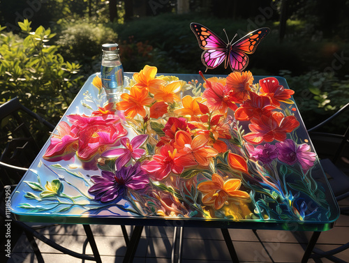 Luxurious GlassTop Patio Table with Colorful Chairs photo