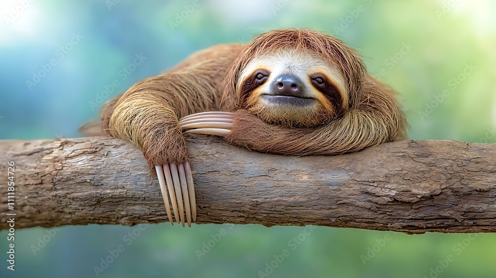 Fototapeta premium A sloth with long claws and a shaggy coat lies lazily on a thick tree branch, its eyes half closed in a state of peaceful relaxation.