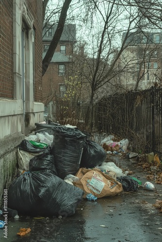 Overfilled trash bags litter urban alley.