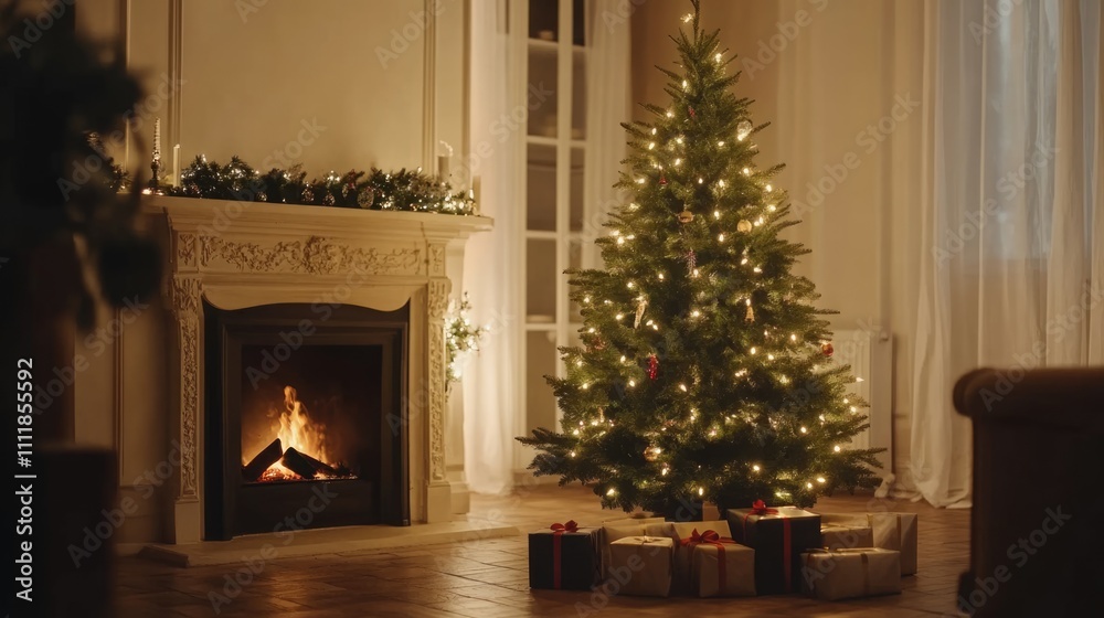 Cozy holiday scene with beautiful decorated Christmas tree. Evening living room interior decorations, warm atmosphere. New year eve celebration at home. Fire crackles in fireplace. 24th, 25th December Cozy holiday scene with beautiful decorated Christmas tree. Evening living room interior decorations, warm atmosphere. New year eve celebration at home. Fire crackles in fireplace. 24th, 25th December