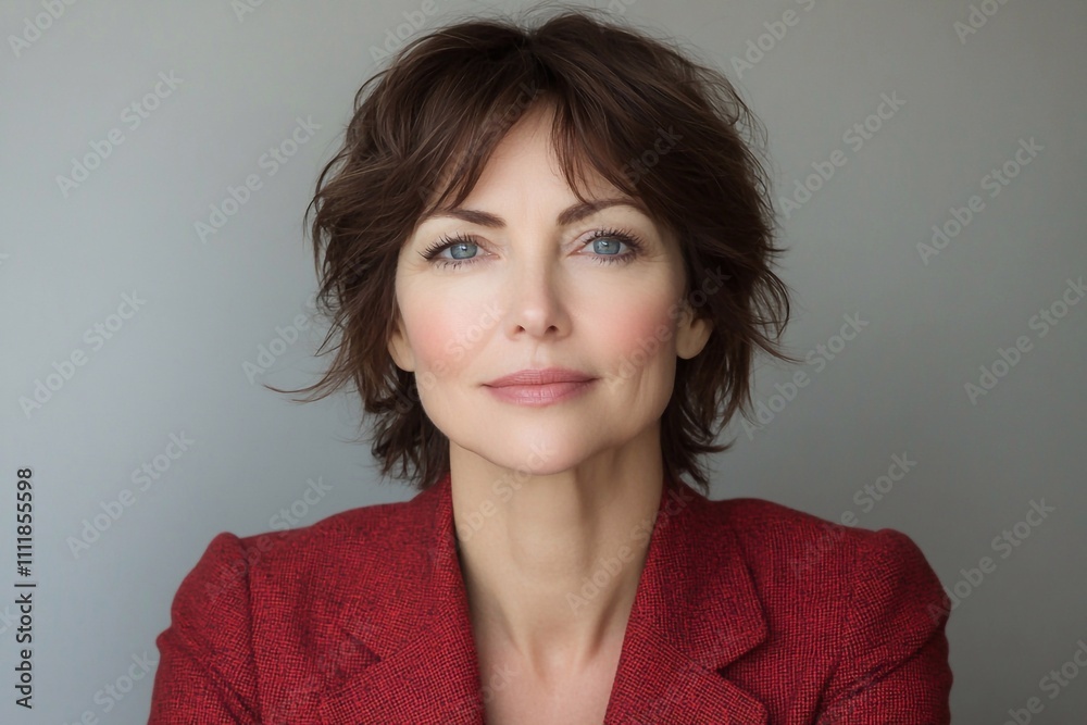 A professional profile picture of a middle-aged woman. She has short brown hair with bangs and a slight part. Her eyes are blue, and she is smiling. She is wearing a red blazer jacket and is sitting a A professional profile picture of a middle-aged woman. She has short brown hair with bangs and a slight part. Her eyes are blue, and she is smiling. She is wearing a red blazer jacket and is sitting a