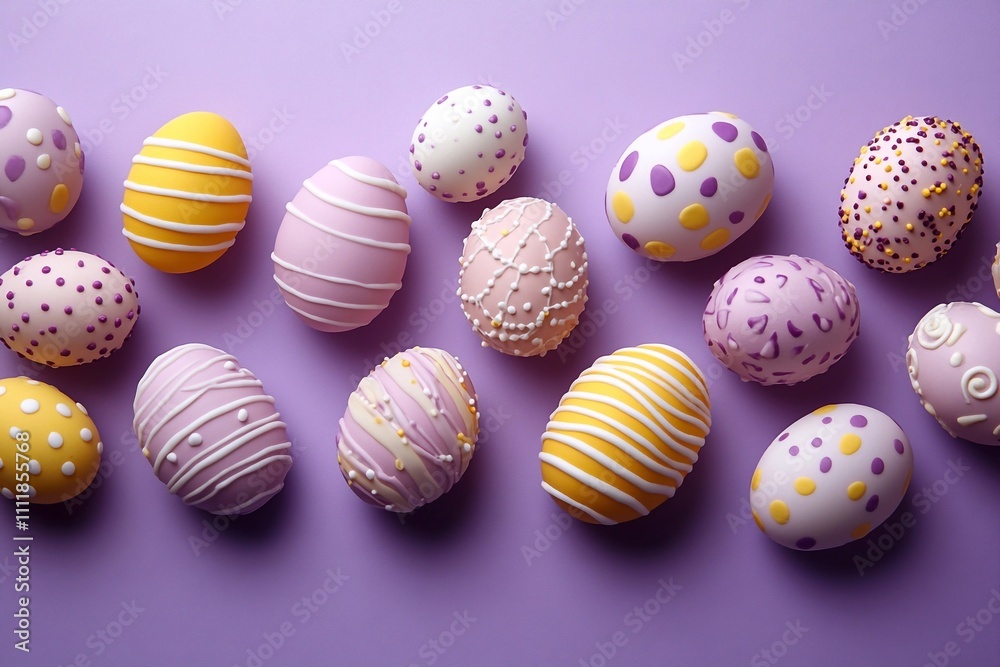 A purple background with pastel yellow and white Easter eggs on the left side of the photo, leaving space for text in the center of the picture. The Easter egg designs include polka dots, stripes, sim A purple background with pastel yellow and white Easter eggs on the left side of the photo, leaving space for text in the center of the picture. The Easter egg designs include polka dots, stripes, sim