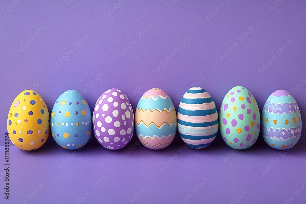 A purple background with pastel yellow and white Easter eggs on the left side of the photo, leaving space for text in the center of the picture. The Easter egg designs include polka dots, stripes, sim A purple background with pastel yellow and white Easter eggs on the left side of the photo, leaving space for text in the center of the picture. The Easter egg designs include polka dots, stripes, sim