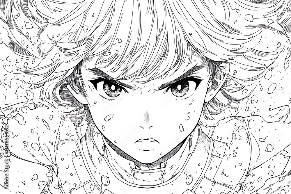 Anime boy coloring page illustration showcasing a shonen-style character with expressive features, spiky hair, and dynamic action-themed details Anime boy coloring page illustration showcasing a shonen-style character with expressive features, spiky hair, and dynamic action-themed details