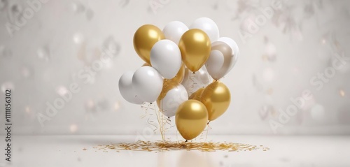 Balloons floating in mid-air against a white and gold background, joyful scene, air filled with balloons photo