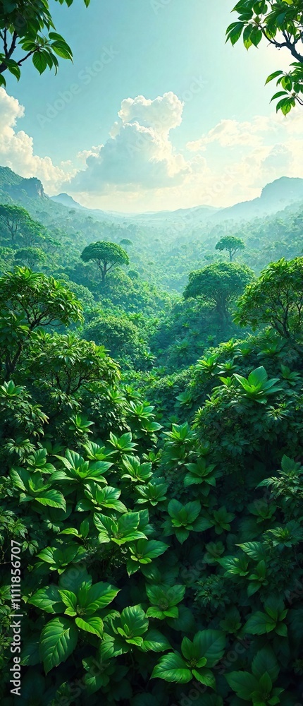 Vast expanse of emerald green with large leaves and creeping trees stretching out in every direction under a shaded canopy, forest scenery, natural landscape, verdant carpet Vast expanse of emerald green with large leaves and creeping trees stretching out in every direction under a shaded canopy, forest scenery, natural landscape, verdant carpet