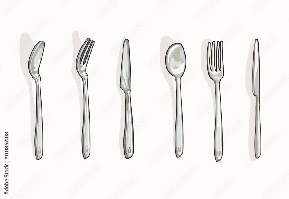 cutlery fork spoon and knife in different views realistic vector isolated on white background cutlery fork spoon and knife in different views realistic vector isolated on white background