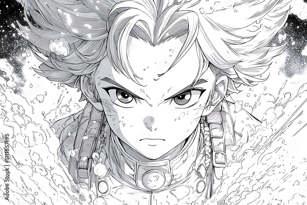 Fototapeta premium Anime boy coloring page illustration showcasing a shonen-style character with expressive features, spiky hair, and dynamic action-themed details