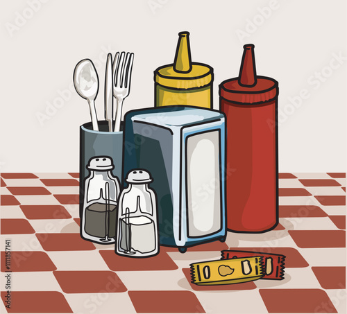 restaurant  retro dining table set napkins cutlery ketchup mustard salt and peper. traditional american fast food style  vector illustration on white background