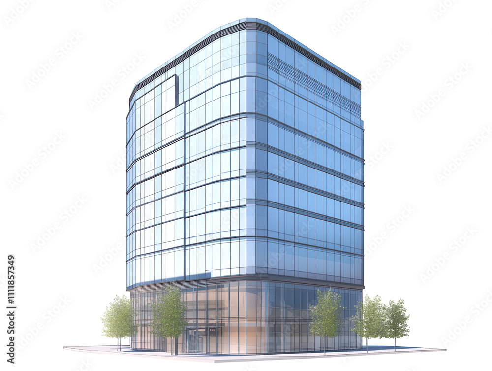 Modern glass building with reflections of trees and sky, isolated on a white background. PNG transparent. Modern glass building with reflections of trees and sky, isolated on a white background. PNG transparent.
