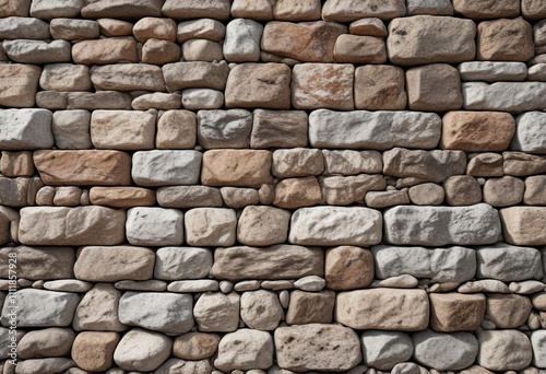 Stone wall with brown and white granite stones , rugged, rock