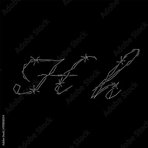 letter H Barbed wire hand drawing vector isolated on black background.