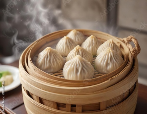 Steaming Basket of Freshly Steamed Xiao Long Bao, bamboo steamer , dim sum photo