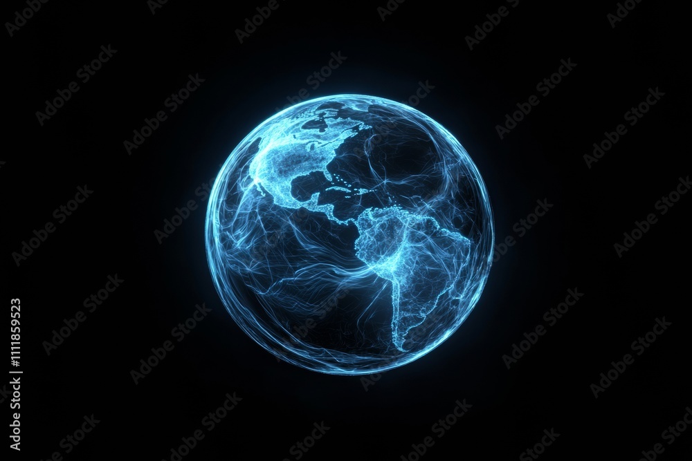 Abstract digital planet Earth with light blue holographic effect glowing on a color word background.