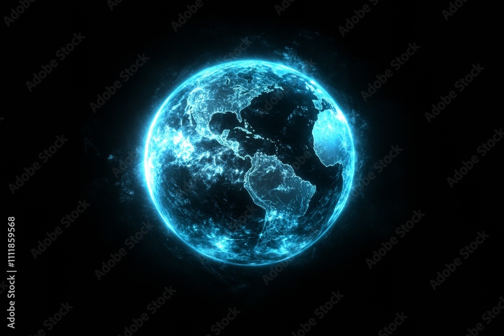 Abstract digital planet Earth with light blue holographic effect glowing on a color word background.