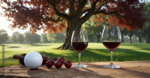 a golf ball and a glass of red wine under a shaded oak tree, serenity, relaxing atmosphere