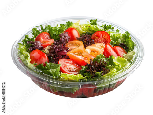 Fresh salad in a round cardboard container with clear lid, isolated on a white background.  PNG transparent. photo