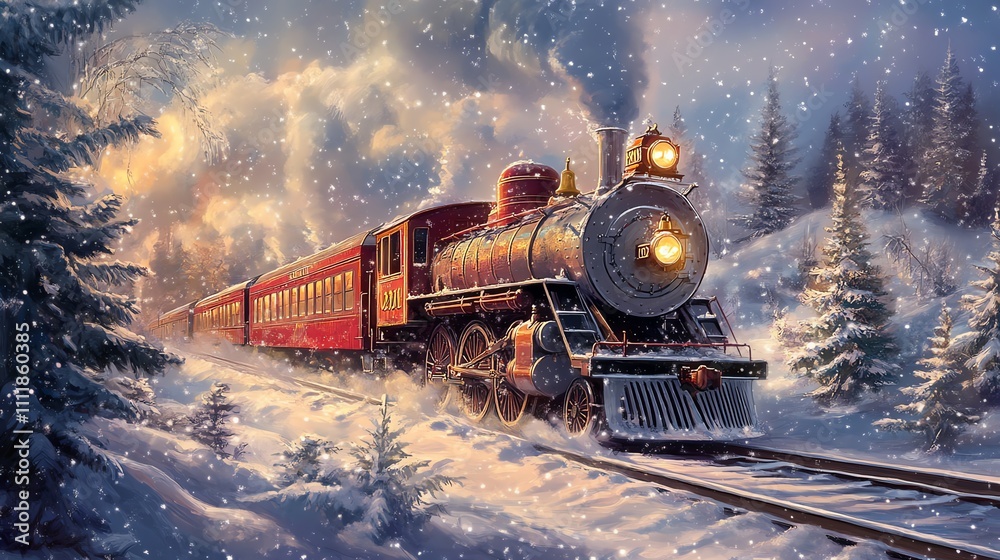 Classic steam train traveling through a snowy winter landscape. Classic steam train traveling through a snowy winter landscape.